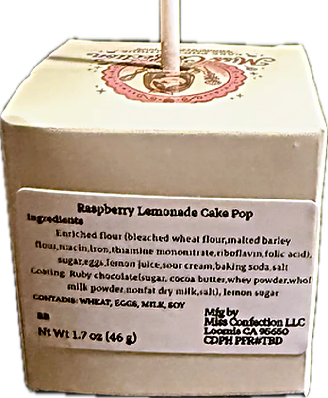 Cake Pop Ingredient Label A Miss Confection cake pop box showing the flavor, full ingredient list, allergens and net weight on the label