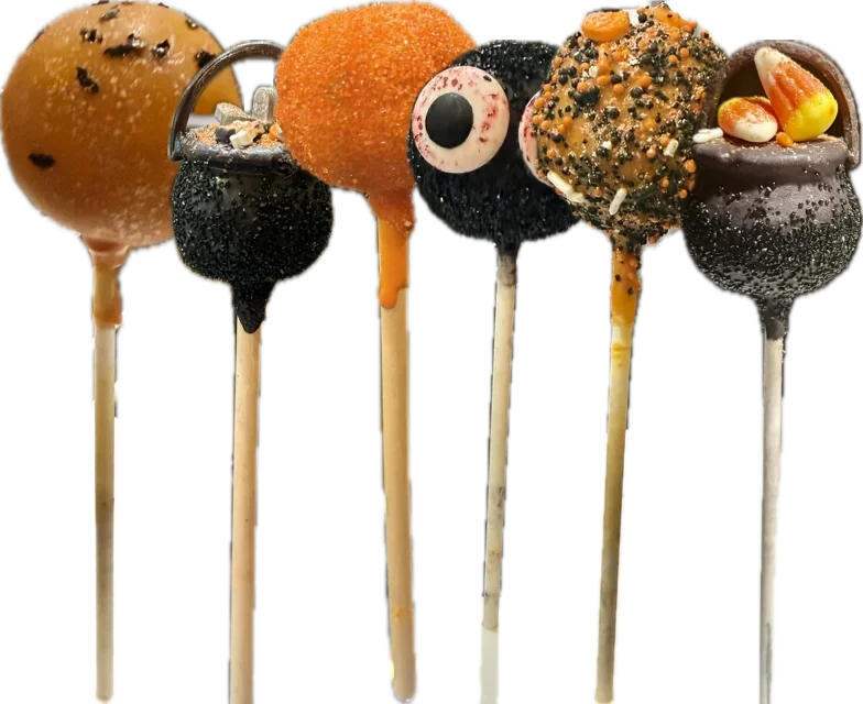 Halloween cake pops set of six: three orange black licorice pops and three black pomegranate raspberry pops decorated as cauldrons and a monster