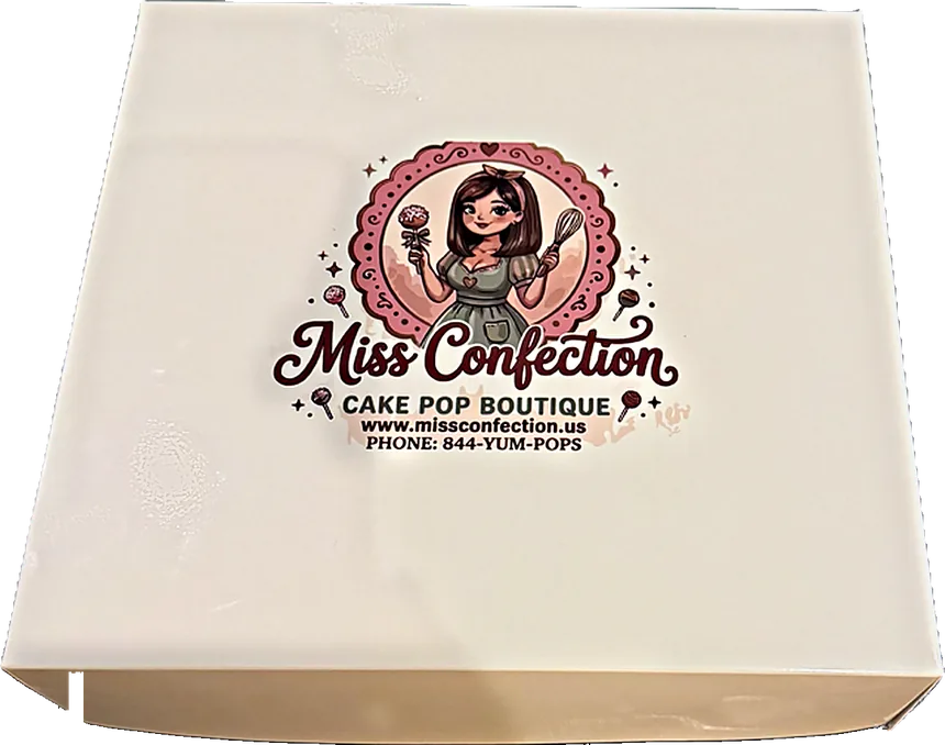Miss Confection Bakery Box The cream Miss Confection bakery box with the cake pop boutique logo printed on the lid