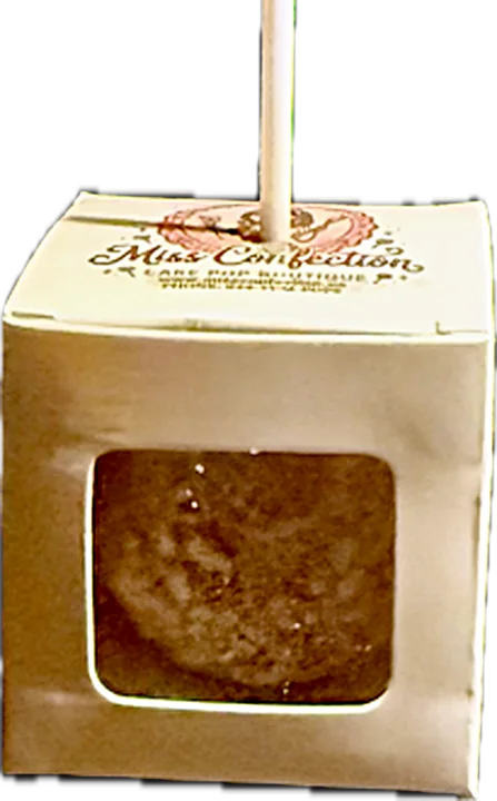 Single Cake Pop Window Box A single cake pop in a small Miss Confection gift box with a clear window in the front