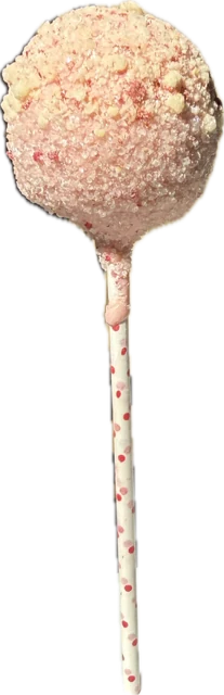 Strawberry Shortcake Cake Pop Strawberry Shortcake gourmet cake pop on a stick, strawberry cake dipped in ruby chocolate and sugar crystals